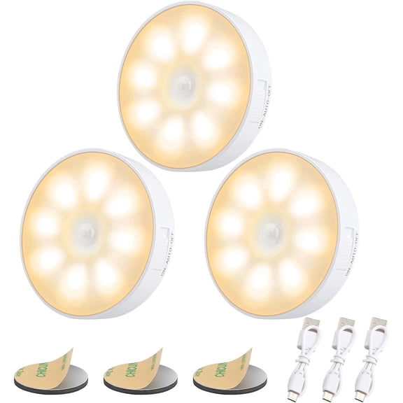 Electight 3 Pack Motion Sensor Light, 8-LED Rechargeable with 3 Modes, USB Cable & Magnetic Patch, Cordless for Kitchen, Bookshelves, Drawers - 3000K Warm Yellow