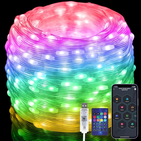 Electight Fairy Lights 65FT/20M [APP & Remote Control], 200 LEDs RGB Smart IC Multicolor String Lights, Music/Voice Sync Color Changing, IP65 Waterproof String Lights for Bedroom, Party, Wedding, DIY
