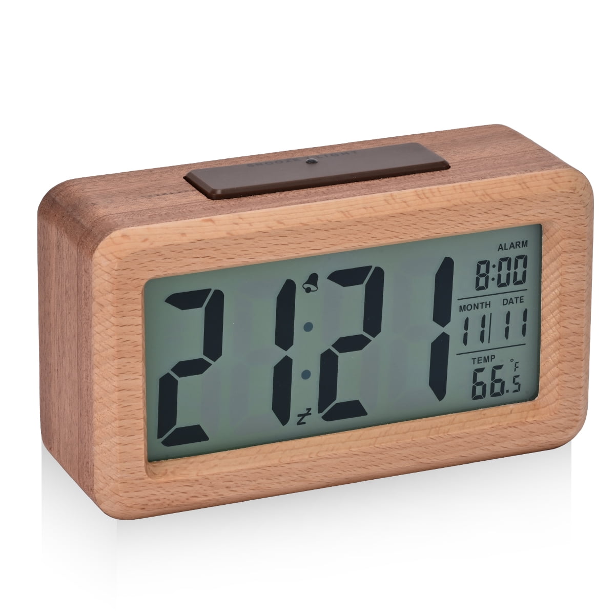 Electime Wooden Digital Alarm Clock with Calender, Temperature, Humidity  and Snooze, Electric Clock for Home Bedroom, Battrey Powered, LCD Screen