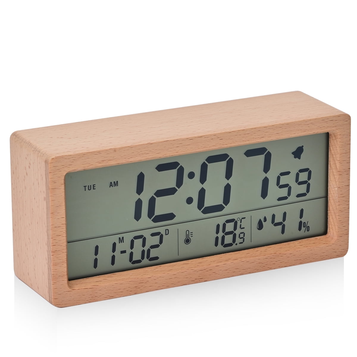Electime Wooden Digital Alarm Clock with Calender, Temperature, Humidity and Snooze, Electric Clock for Home Bedroom, Battrey Powered, LCD Screen