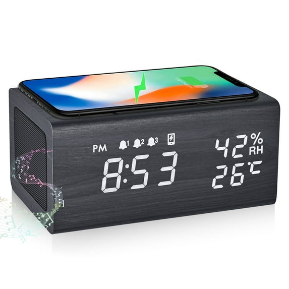 Electime Wooden Digital Alarm Clock with Wireless Charging, Bluetooth Speaker, Temperature, Humidity