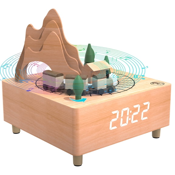Electime Wooden Musical Box Quartz Digital Wind-Up Alarm Clock Train Theme