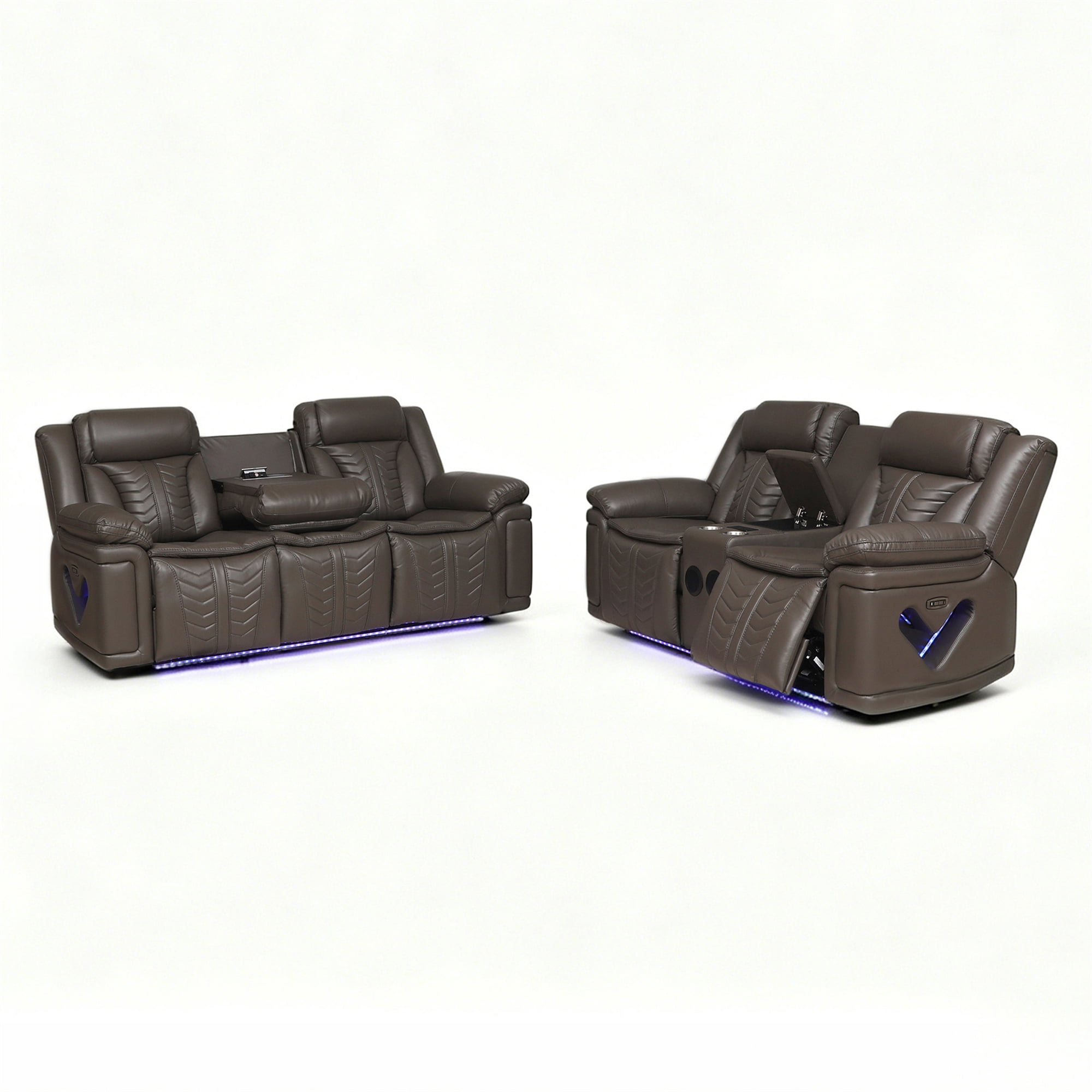 Electra Luxury 2-Piece Power Reclining Living Room Set - Dark Brown Faux Leather Motion Sofa and Loveseat with LED Lighting, Bluetooth Speakers, Drop-Down Table, and Wireless Charging