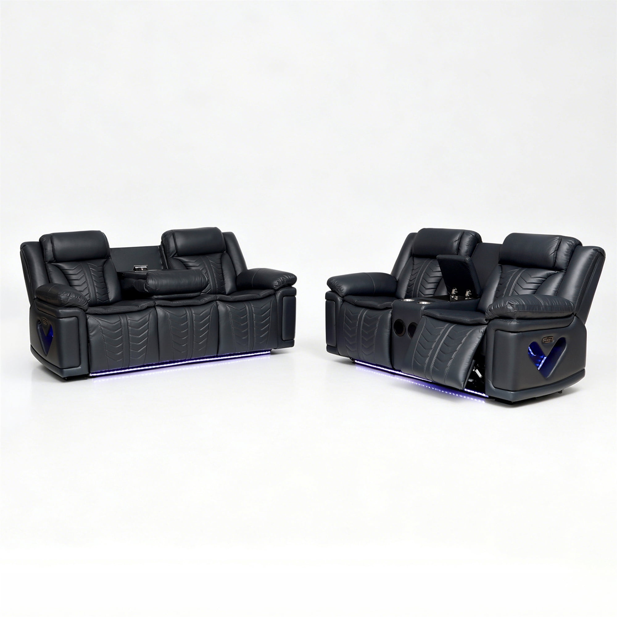 Electra Luxury 2-Piece Power Reclining Living Room Set - Dark Grey Faux Leather Motion Sofa and Loveseat with LED Lighting, Bluetooth Speakers, Drop-Down Table, and Wireless Charging