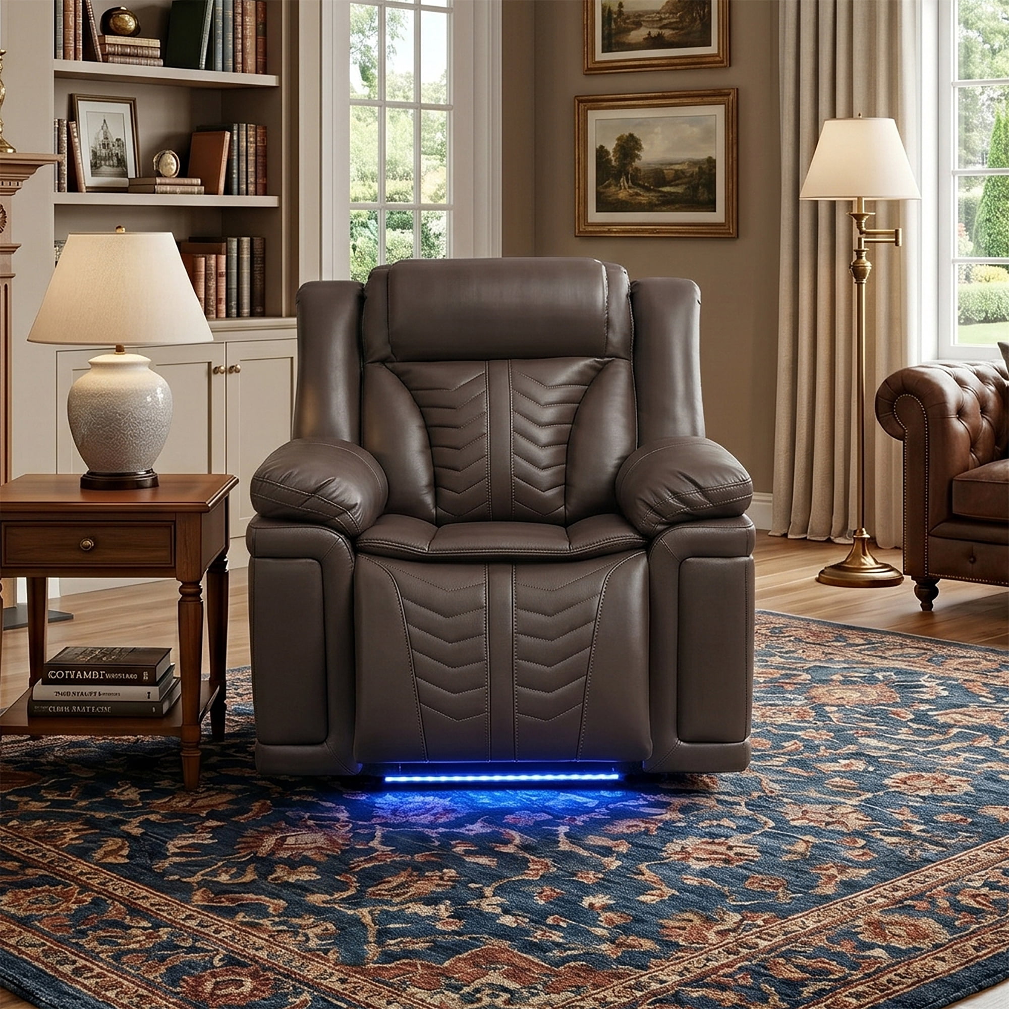 Electra Luxury Power Recliner Chair - Dark Brown Faux Leather Single Motion Armchair with Cinematic LED Lighting, USB & Type-C Charging Ports