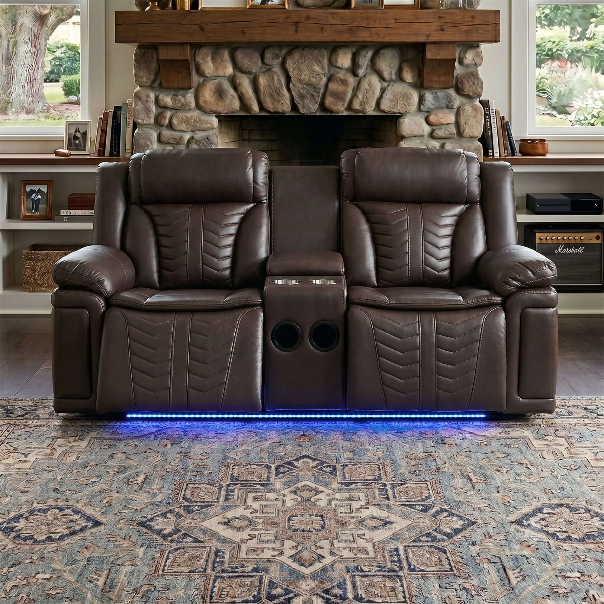 Electra Luxury Power Reclining Loveseat - Dark Brown Faux Leather Motion Console Couch with Built-In Bluetooth Speakers, Storage, Cup Holders, and Cinematic LED Lighting