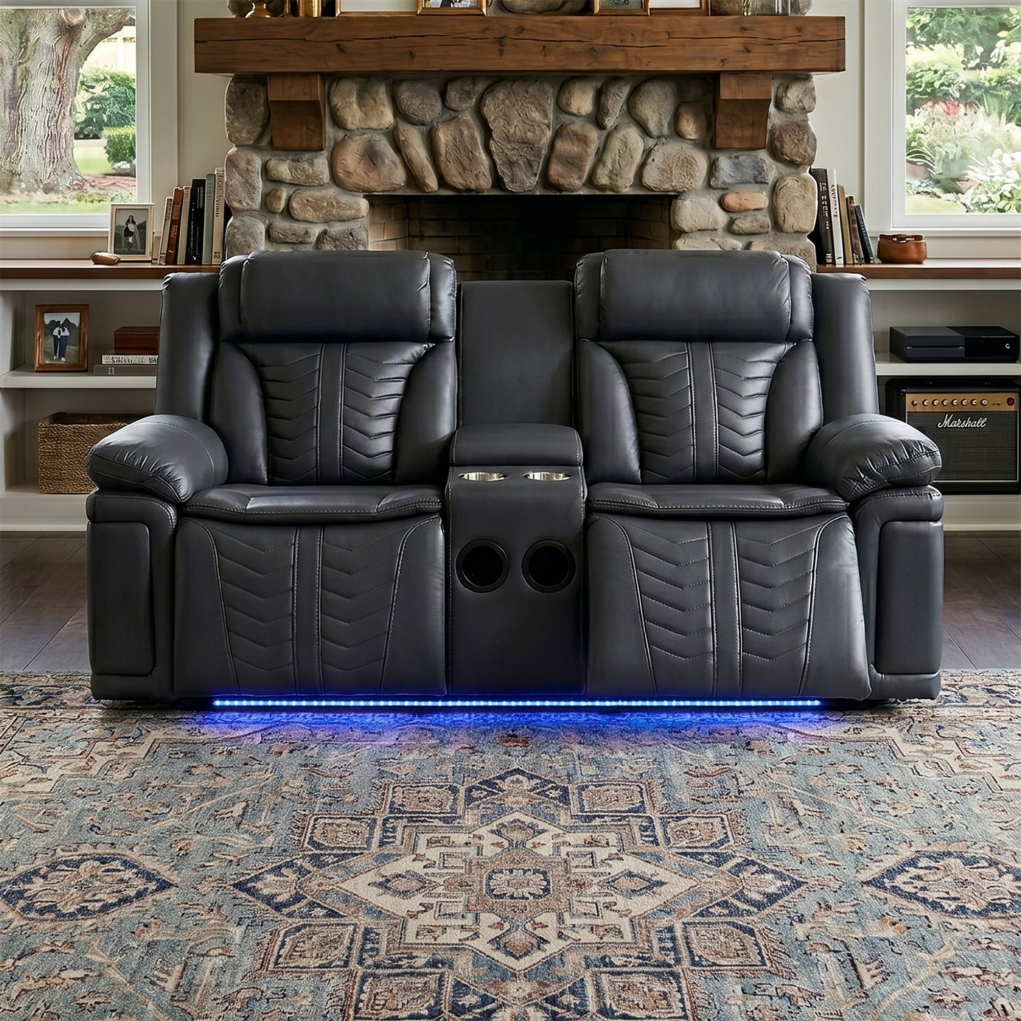 Electra Luxury Power Reclining Loveseat - Dark Grey Faux Leather Motion Console Couch with Built-In Bluetooth Speakers, Storage, Cup Holders, and Cinematic LED Lighting