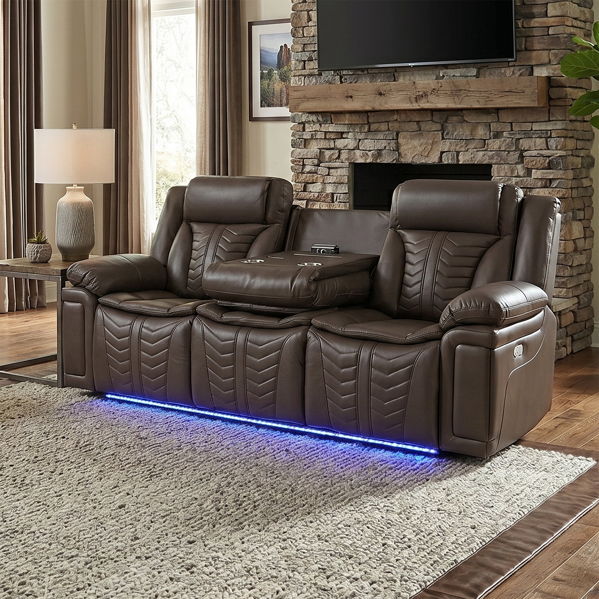 Electra Luxury Power Reclining Sofa - Dark Brown Faux Leather Motion Couch with Drop-Down Table, Wireless Charging, AC/USB/Type-C Power, and Cinematic LED Lighting