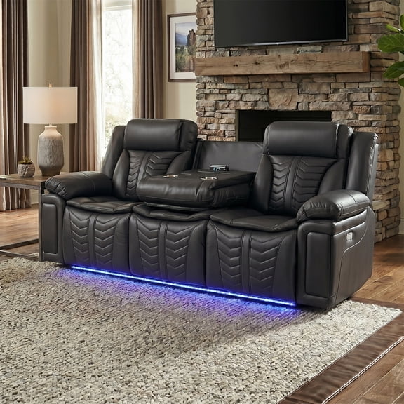 Electra Luxury Power Reclining Sofa - Dark Grey Faux Leather Motion Couch with Drop-Down Table, Wireless Charging, AC/USB/Type-C Power, and Cinematic LED Lighting