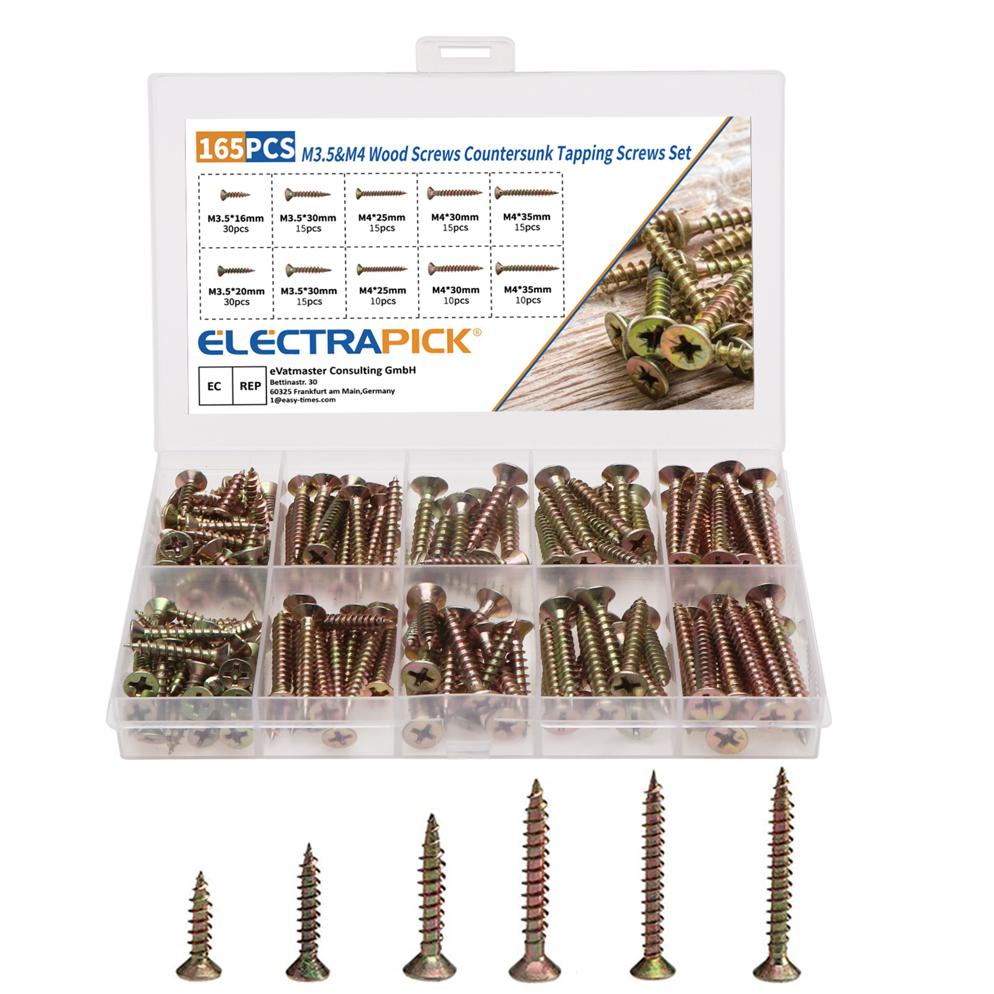 165Pcs Drywall Screws, Countersunk Tapping Screws Set, 6 Sizes with