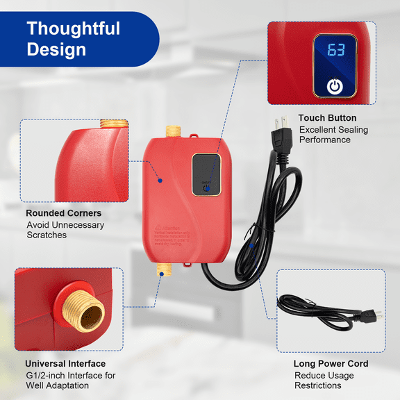 Electric 110 Volt Mini Instant Hot Water Heater - Instant Inline Water Heater Under Sink on Demand with LCD Digital Display for Kitchen Sink Faucet(Red)
