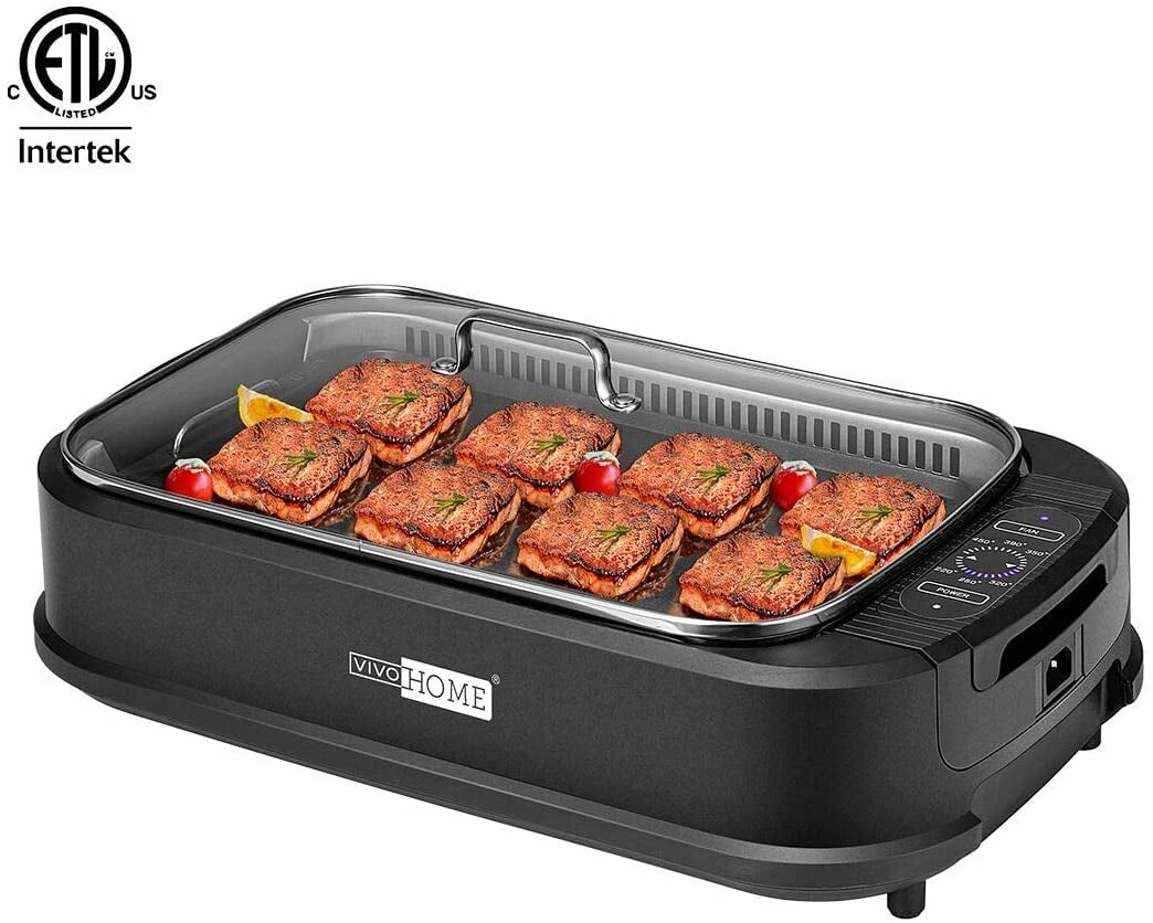 Electric 1500W Smokeless Grill with Tempered Glass Lid and Removable