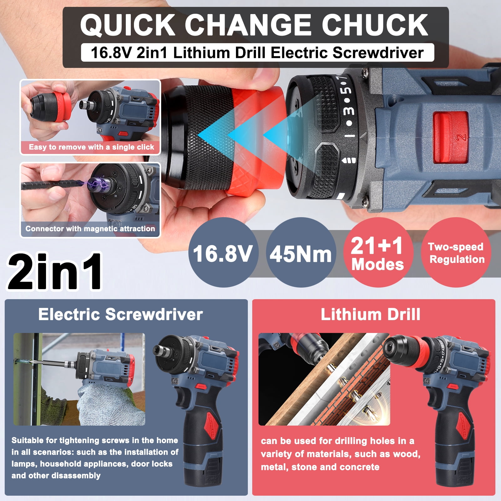 Electric 16.8V 2in1 Lithium Drill Electric Screwdriver Multi-function Power Tool 45Nm  Brushless Motor Practical Screw Driver For Home Appliances Furniture Installation Automotive