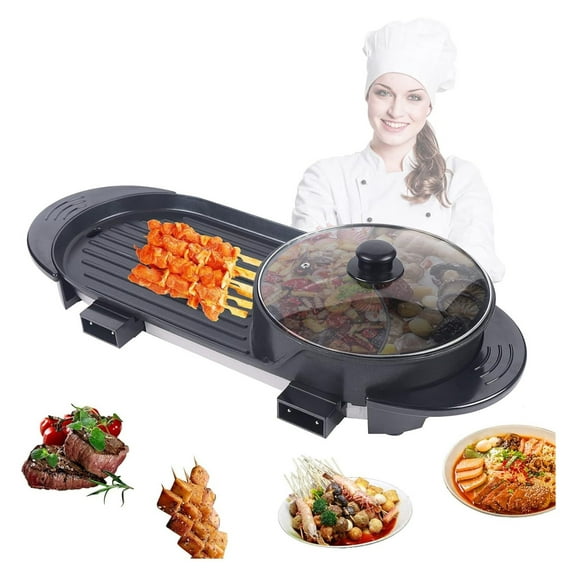 Electric 2 In 1 Hot Pot Barbecue Grill, DyGTyX Non-stick Teppanyaki Pan Soup Multifunctional Anti-dry Korean 3.6L Capacity Double Cooker (1500W x 2) Hotpot Home Kitchen Restaurant Indoor Outdoor