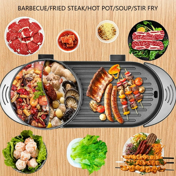 Electric 2 In 1 Hot Pot Barbecue Grill, GDAE10 Non-stick Teppanyaki Pan Soup Anti-dry Korean 3.6L Capacity Double Cooker (1500W x 2) Hotpot Home Kitchen Restaurant Indoor Outdoor