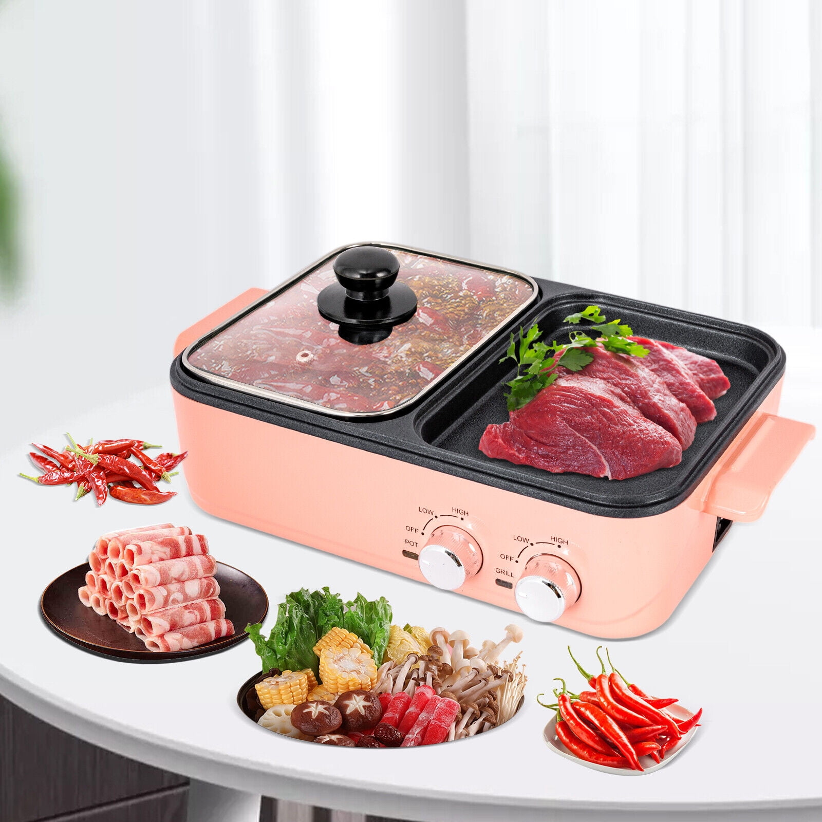 Hot Pot and Grill, 2 In 1 Electric Hot Pot Grill Cooker with Dual  Temperature Control, Multi-Functional Smokeless Shabu Pot and Griddle with  Oil Tank and 5 Files Temp Control for 2 