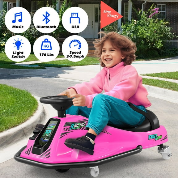 Electric 24V 360 Degrees Rotating Kids Ride on Drift Car Drifting Go Kart with 2 Speeds, Brushless Motor, Flashing Lights, Flag, Music, Bluetooth (Pink)