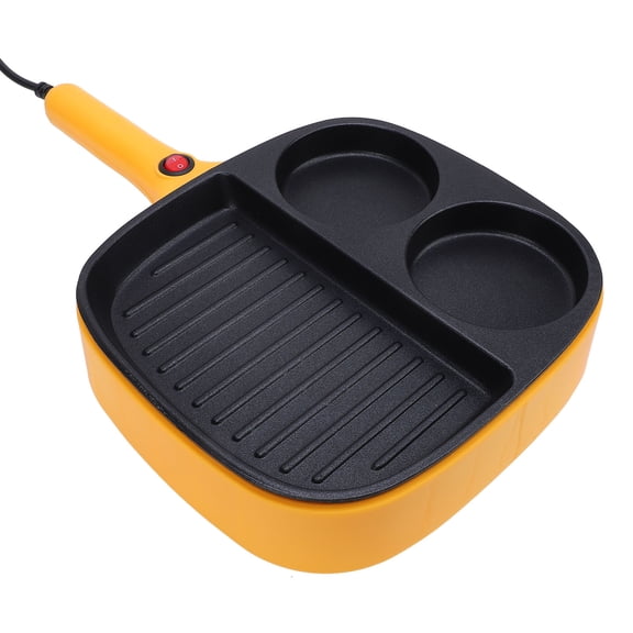 Electric 3 Section Nonstick Divided Grill Pan - 3-in-1 Breakfast Frying Pan with 900W Rapid Heating & Cool-Touch Long Handle for Eggs, Pancakes, and Grilling, Yellow (110V US Plug)