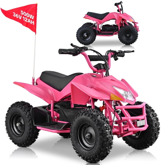 IVFJFV Electric 4 Wheeler with Dual Speed 10-15MPH, 12AH Battery,36V High Power Off-Road Four Wheeler with 500W Motor,Front & Rear Shock Absorbers, Disc Brake, LED Headlight, Safety Flag,Pink