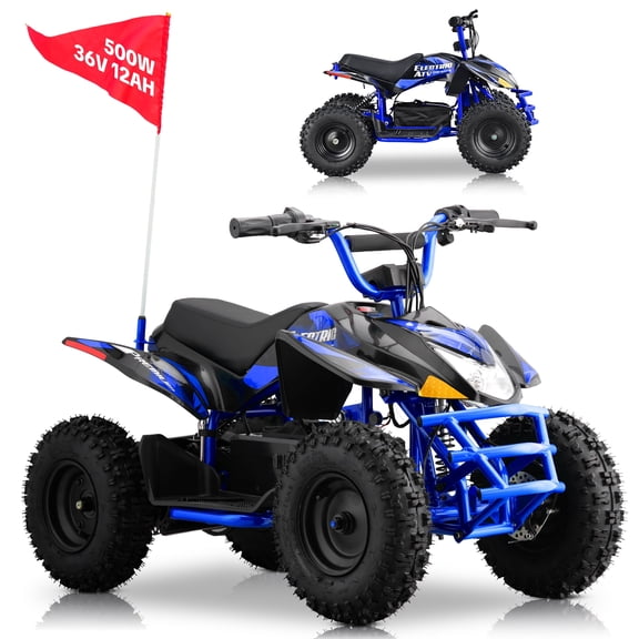 Electric 4 Wheeler with Dual Speed 10-15MPH,Off-Road 4 Wheel with 12AH Battery,36V High Power Four Wheeler with 500W Motor,Front & Rear Shock Absorbers, Disc Brake, LED Headlight, Safety Flag,BLUE