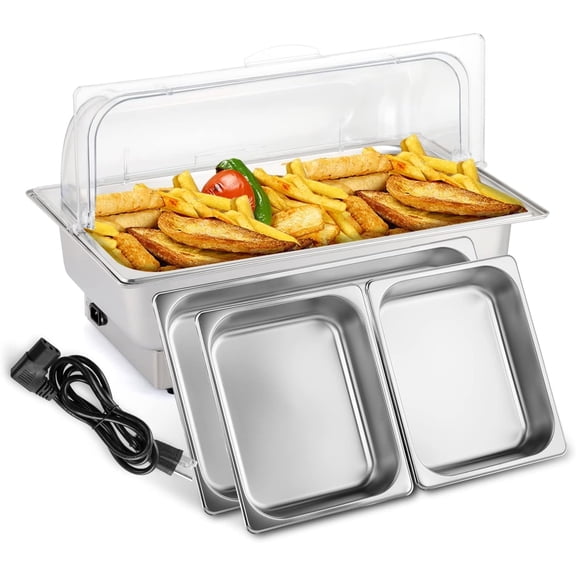 Electric 9 QT Stainless Steel Chafing Dish Buffet Set, NSF Roll Top Catering Chafer Server Warmer with Full Size & 2 Detachable Pans,Transparent PC Lid for Party Wedding Banquet