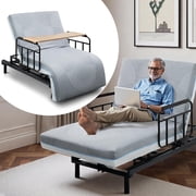 Electric Adjustable Bed Frame for Seniors with Wired Remote Control, Memory Foam Mattress, 90  Rotatable Safety Handrails, Detachable Dining Tray & Easy Installation
