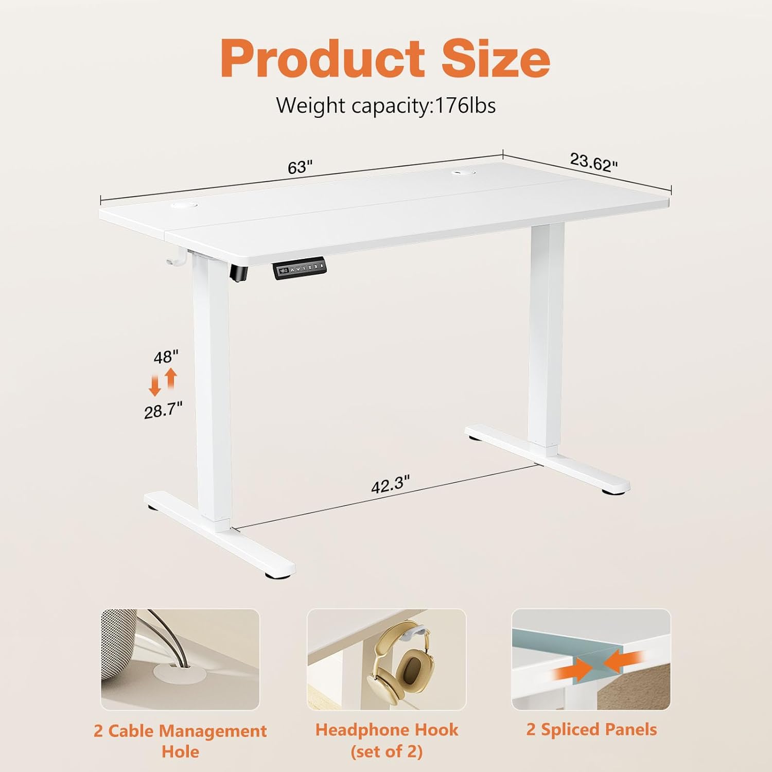 Electric Adjustable Height Standing Desk 63 x 24 inch Sit to Stand Up