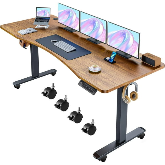 Electric Adjustable Standing Desk with Wheels, 63'' x 24''Sit Stand Desk with Dual Crossbeam and Mouse Pad, 27''-46'' Lifting Range Stand up Table with Ergonomic Arc Desktop (Brown)