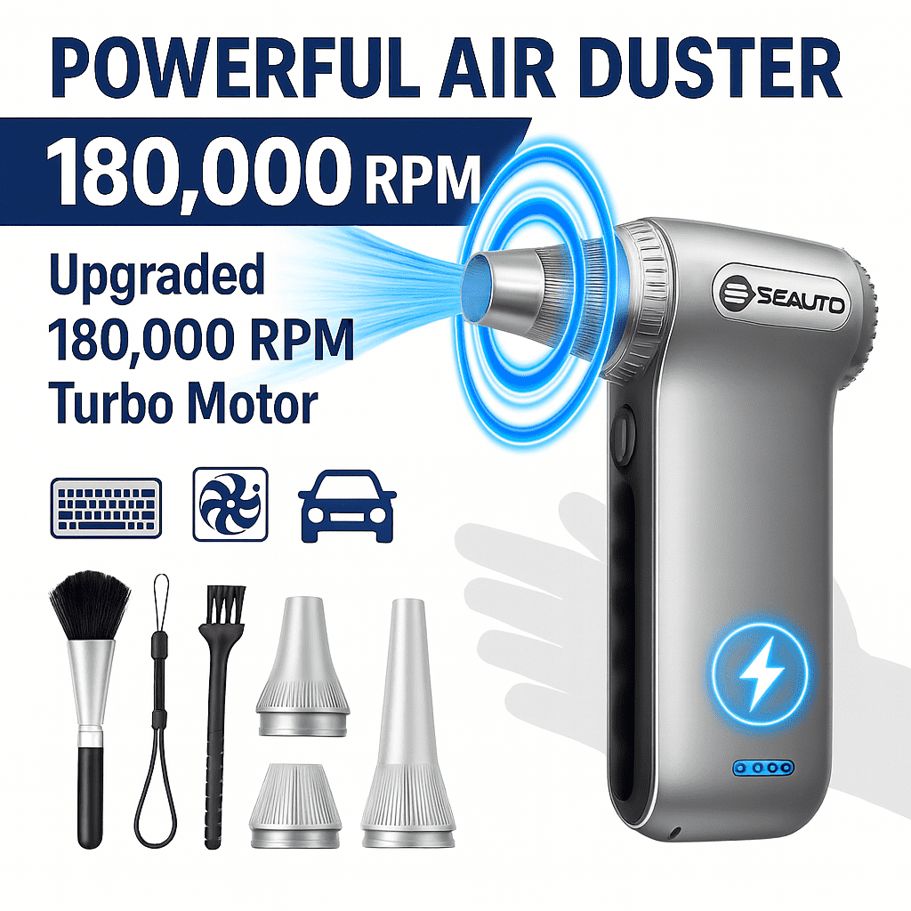 Electric Air Duster, 180000 RPM Brushless Motor, Portable Cordless Compressed Air Blower for Computer & Car Cleaning, 3-Speed, 4000mAh USB-C Rechargeable Dust Cleaner