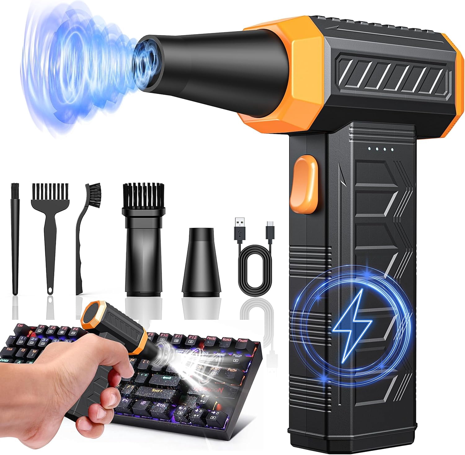 Electric Air Duster 320000 RPM, 7600mAh Rechargeable Compressed Air Duster & Blower, 3 Speed Cordless Keyboard Cleaner with LED, No Canned Air Turbo Fan for PC Computer Car