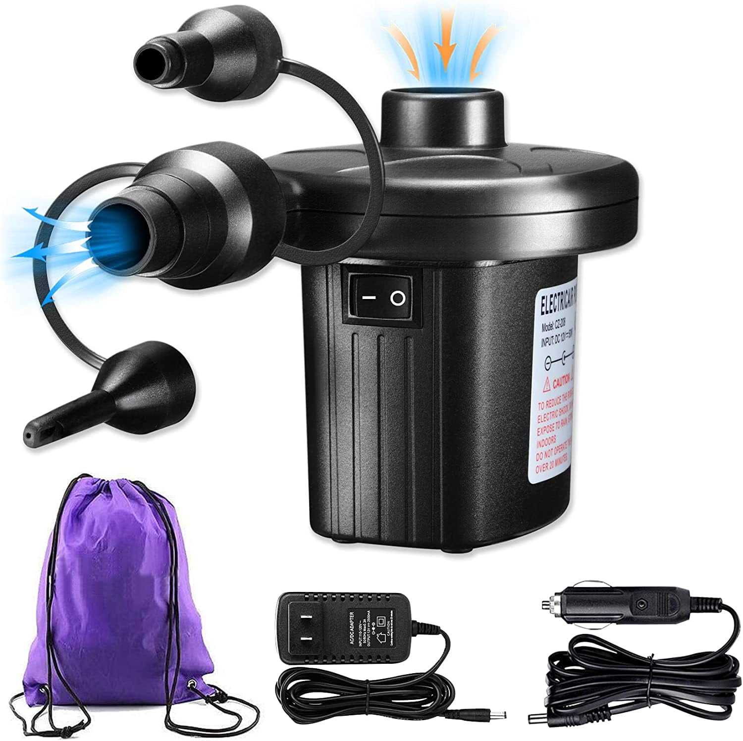 Electric Air Pump, 110V AC/12V DC Portable Inflator Deflator Pump, with ...
