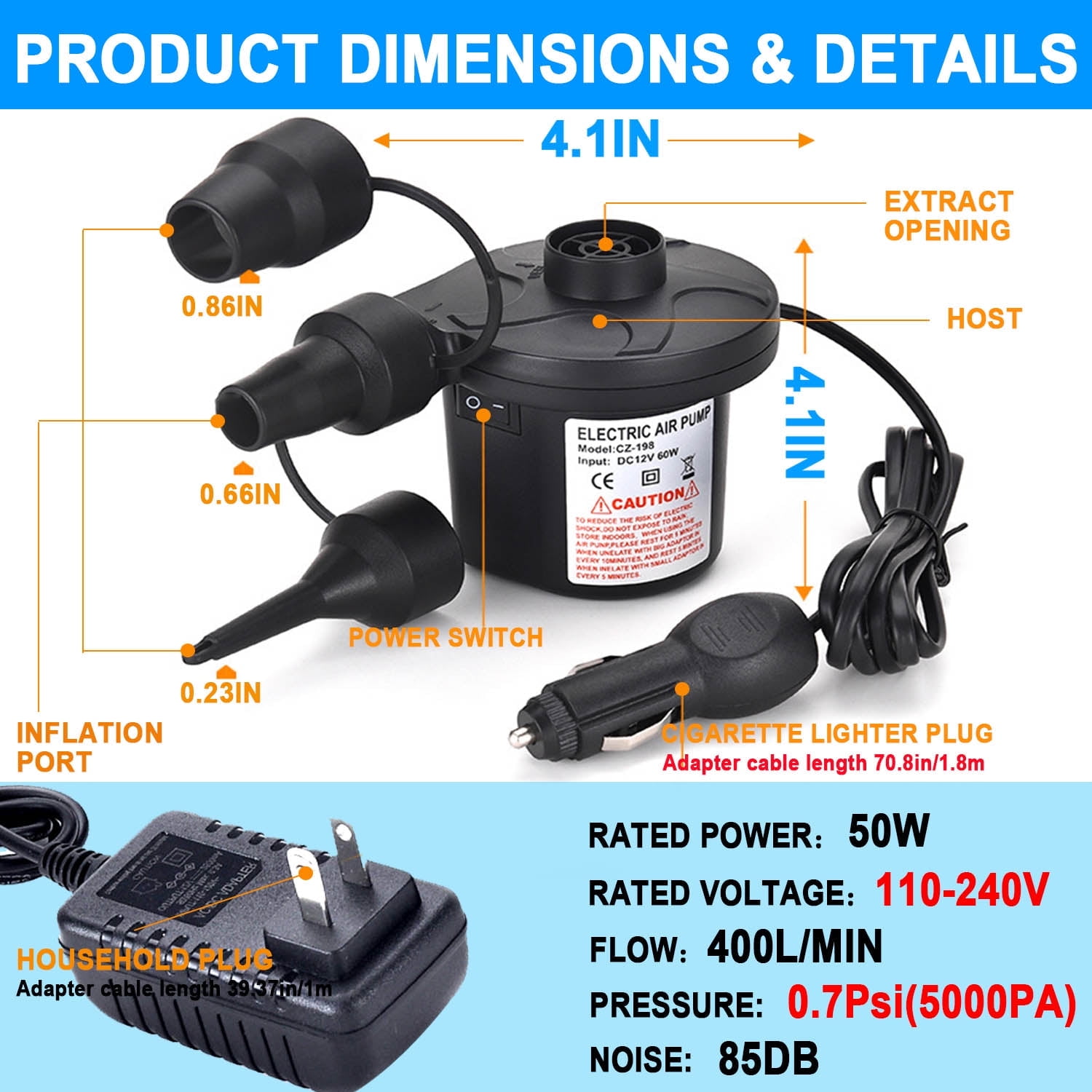 Electric Air Pump Air Mattress Portable QuickFill Air Pump with 3