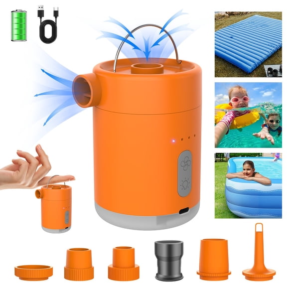 Electric Air Pump for Inflatables, Portable Air Mattress Pump with 6 Nozzles, Quick-Fill Electric Air Pump Inflator/Deflator for Pool Floats, Rafts, Air Beds & Toys(Orange)