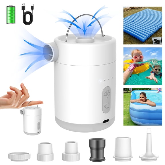 Electric Air Pump for Inflatables, Portable Air Mattress Pump with 6 Nozzles, Quick-Fill Electric Air Pump Inflator/Deflator for Pool Floats, Rafts, Air Beds & Toys(White)