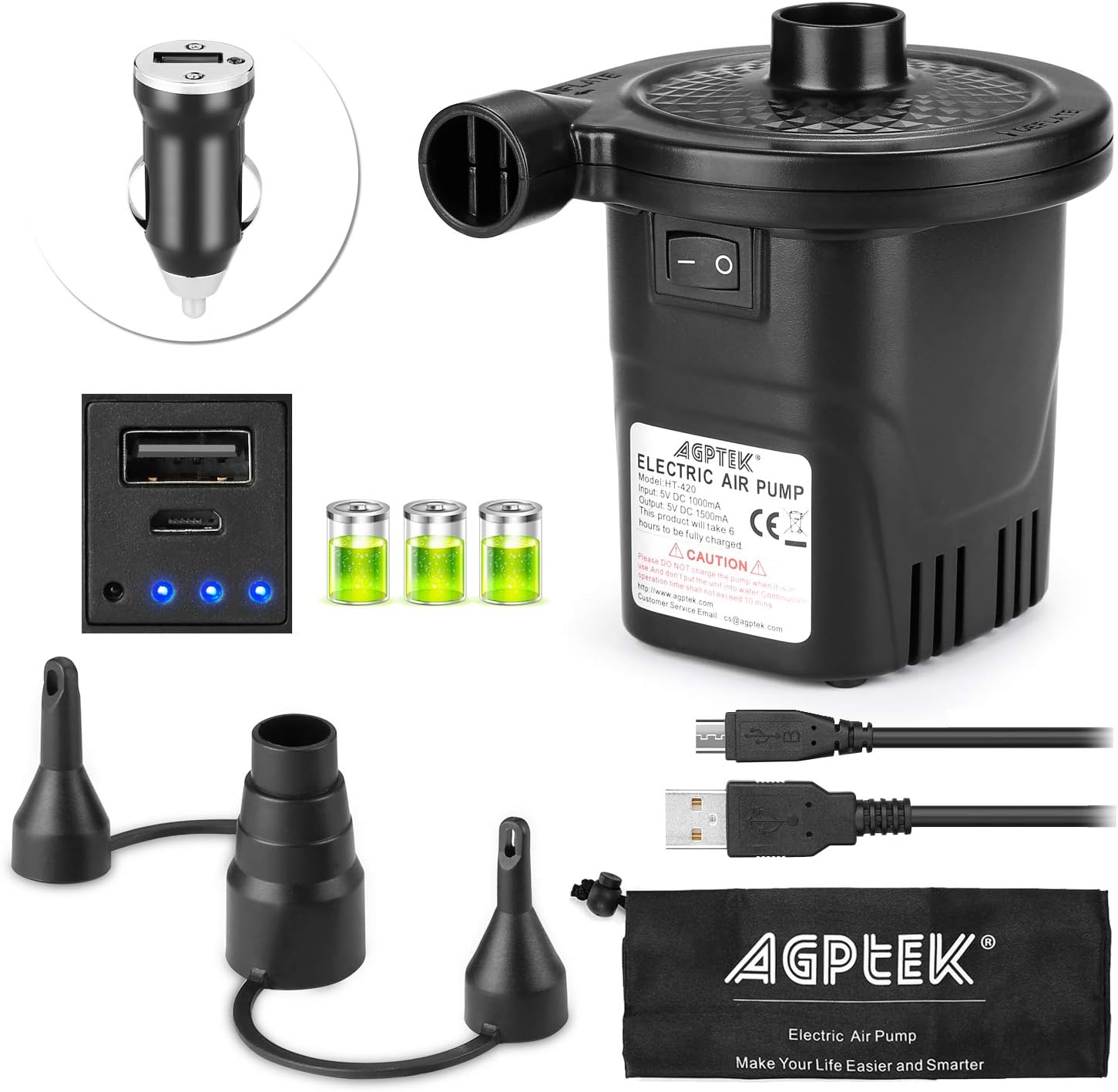 Electric Air Pump Quick-Fill Inflator & Deflator with 3 Nozzles, Lightweight & Portable Rechargeable Air Pump Perfect for Air Beds, Air Mattresses, Pool Toys & Inflatable