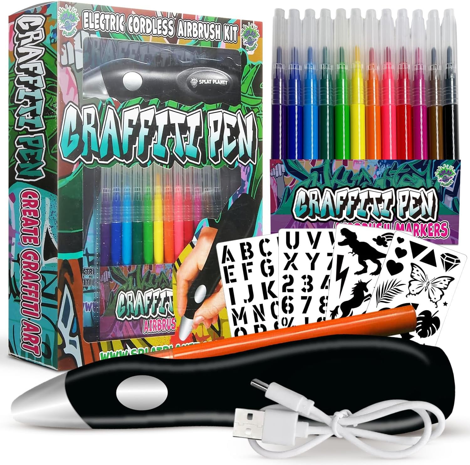 Electric Airbrush Pen, Cordless Rechargeable Electric Airbrush Sprayer, Water Colour Spray Pen, Airbrush Marker Set 12 Colors, Washable Watercolour