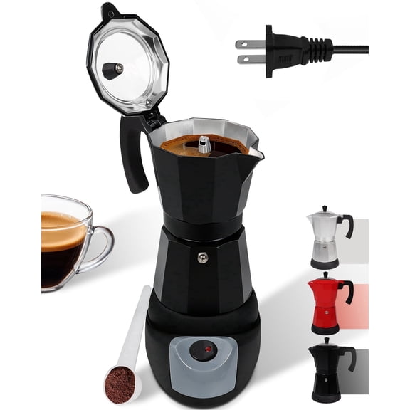 Electric Aluminum Moka Pot 5-6 Cup 270ml Espresso Maker with Detachable Base Ideal Coffee Makers for Home MochaPot Italian and Cuban Café Coffeemaker Espressomaker CoffeePot Black
