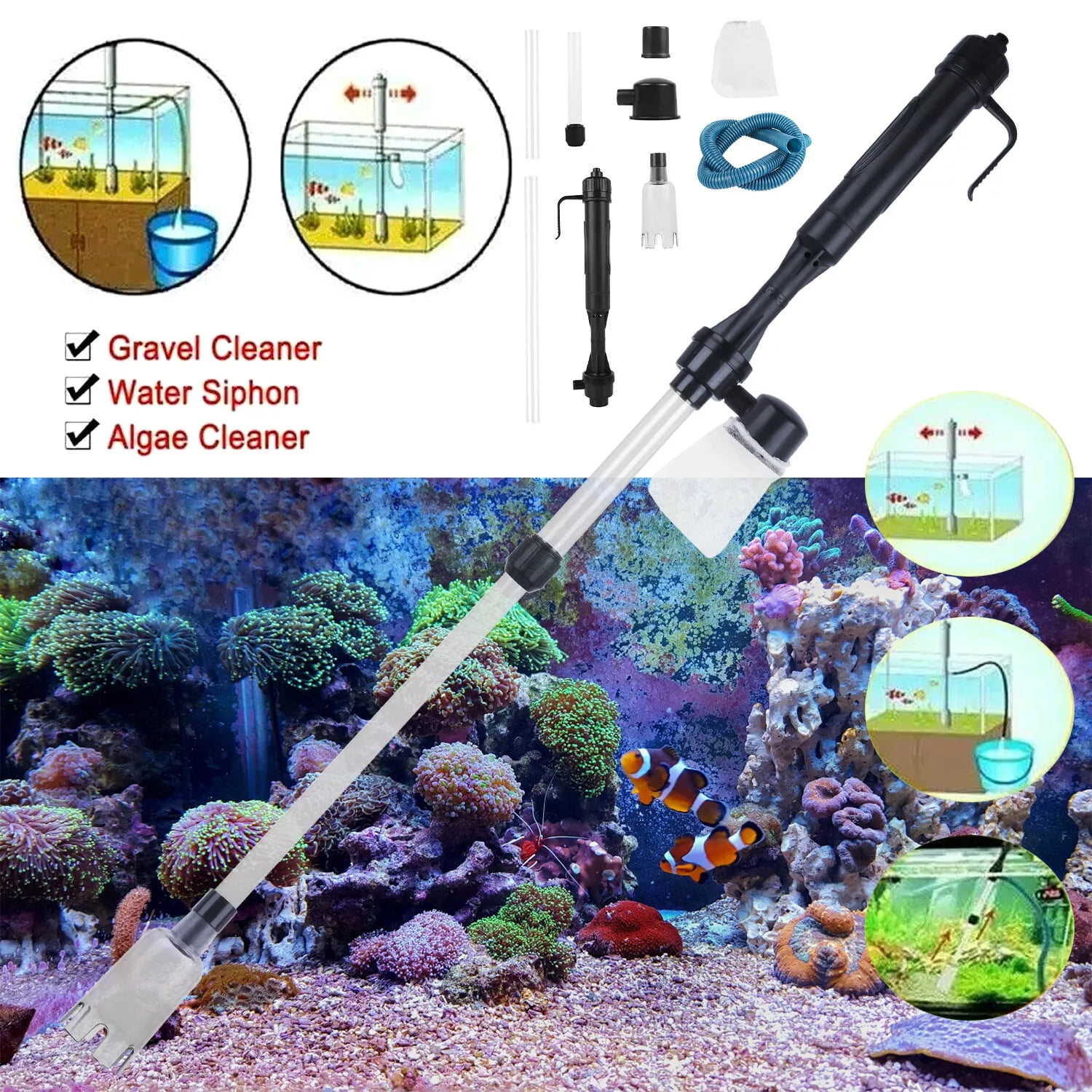 Electric Aquarium Cleaner Syphon Fish Tank Pump Vacuum Gravel Water Filter Tool