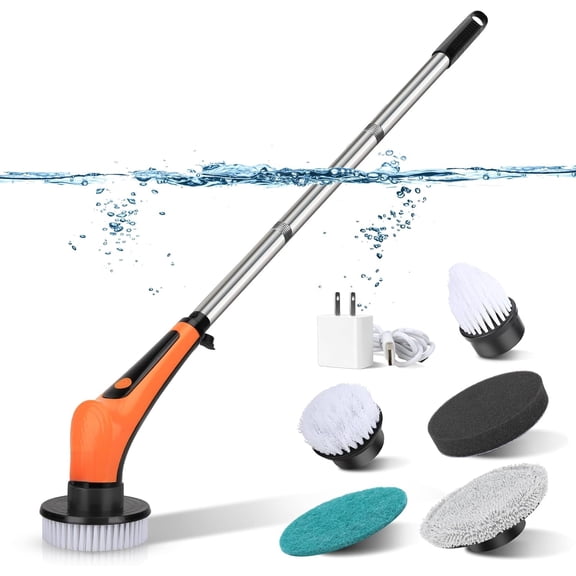 Electric Aquarium Cleaning Brush Rechargeable Cleaner Tool Kit with 6 Replaceable Spin Brush Heads, Cordless 2-Speed Adjustable Handle for Dog House, Outdoor & Cat Litter Boxes