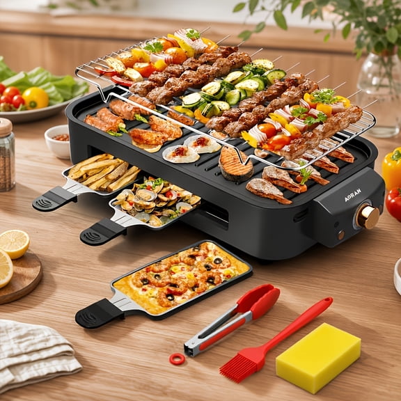 Electric BBQ Grill with Free Utensil Set, Indoor Outdoor Multi-Layer Large Capacity Grill, Adjustable Temp Fast Heating Nonstick Surface for Camping Party RV