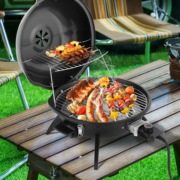 Electric BBQ Grill, Indoor/Outdoor Electric Grill for Indoor & Outdoor Use, Double Layer Design, Portable Removable Stand Grill, 1600W (Countertop BBQ Grill, Black)