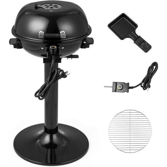 Electric BBQ Grill, Portable Grill with Metal Cooking Grilling Rack, Detachable Temperature Control & Removable Grease Collector, Outdoor Freestanding Grill for Camping & Tailgating (Black)