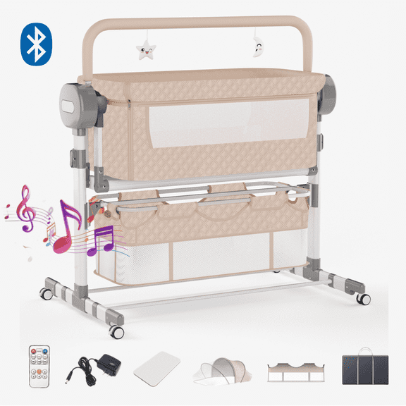 Electric Baby Bassinet&Bedside Sleeper,Rocking Crib with Remote Control for Infant,Unisex,Khaki