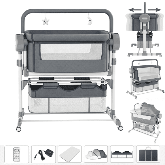 Electric Baby Bassinet, Height Adjustable Bedside Bassinet with Music, Mosquito Net, Storage & Remote Control Rocking Bassinet for Infants