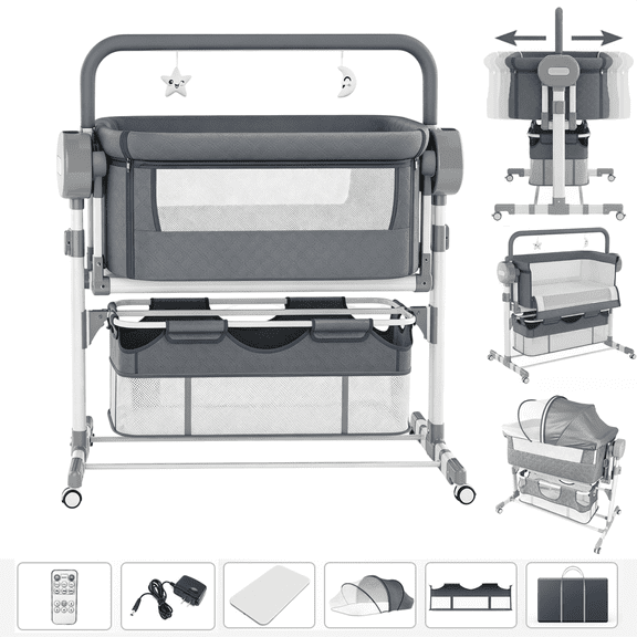 Electric Baby Bassinet, Height Adjustable Bedside Bassinet with Music, Mosquito Net, Storage & Remote Control Rocking Bassinet for Infants