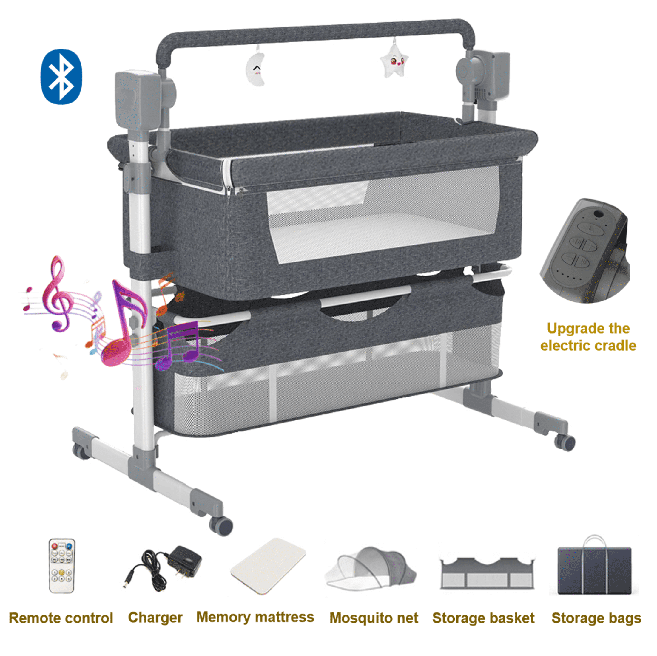 Electric Baby Bassinet,Newborn Bedside Sleeper,Baby Rocking Crib with Bluetooth,Remote control,Unisex,GREY