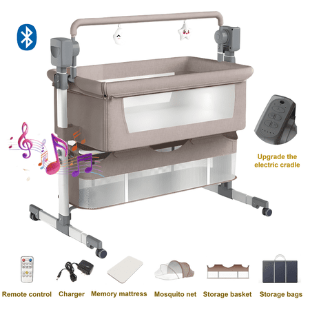 Electric Baby Bassinet,Newborn Bedside Sleeper,Baby Rocking Crib with Bluetooth,Remote control,Unisex,KHAKI
