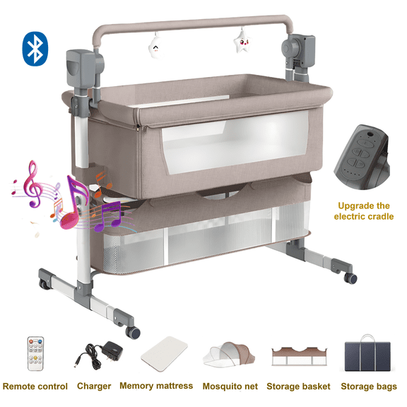 Electric Baby Bassinet,Newborn Bedside Sleeper,Baby Rocking Crib with Bluetooth,Remote control,Unisex,KHAKI