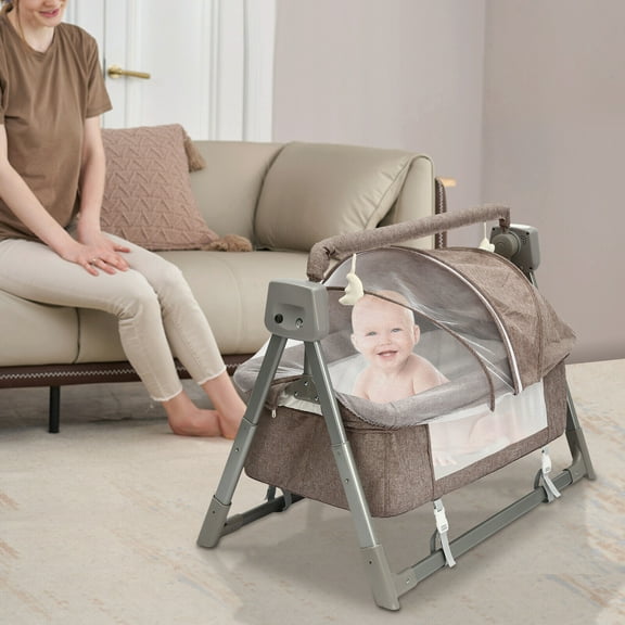 Electric Baby Cradle Swing with Bluetooth, 5-Speed Vibration, Safety Belt & Mosquito Net Adjustable, Foldable, Comfortable for 0-36 Months