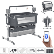 Electric Baby Crib Convertible Crib with Bluetooth Music Speaker, Bedside Sleeper for Infants to Toddlers, Unisex, Grey28lb